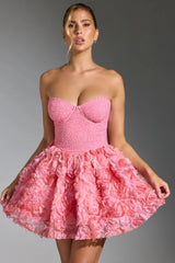 Embellished Floral-Appliqu¨ Lace-Up Mini Dress in Pink