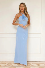 Hibiscus Allure Halter Mesh Maxi Dress Blue
