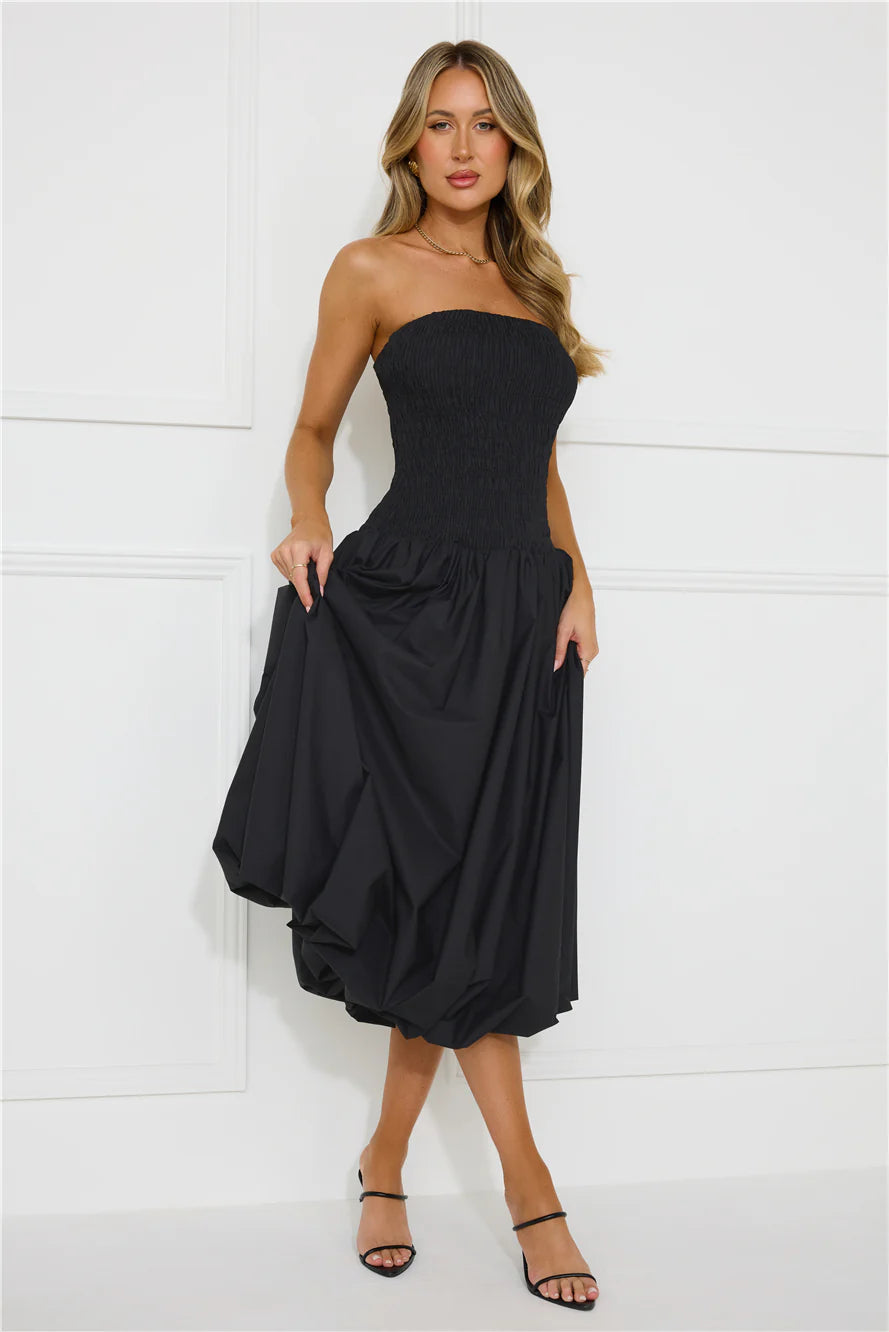 Modern Girl Style Strapless Bubble Midi Dress Black