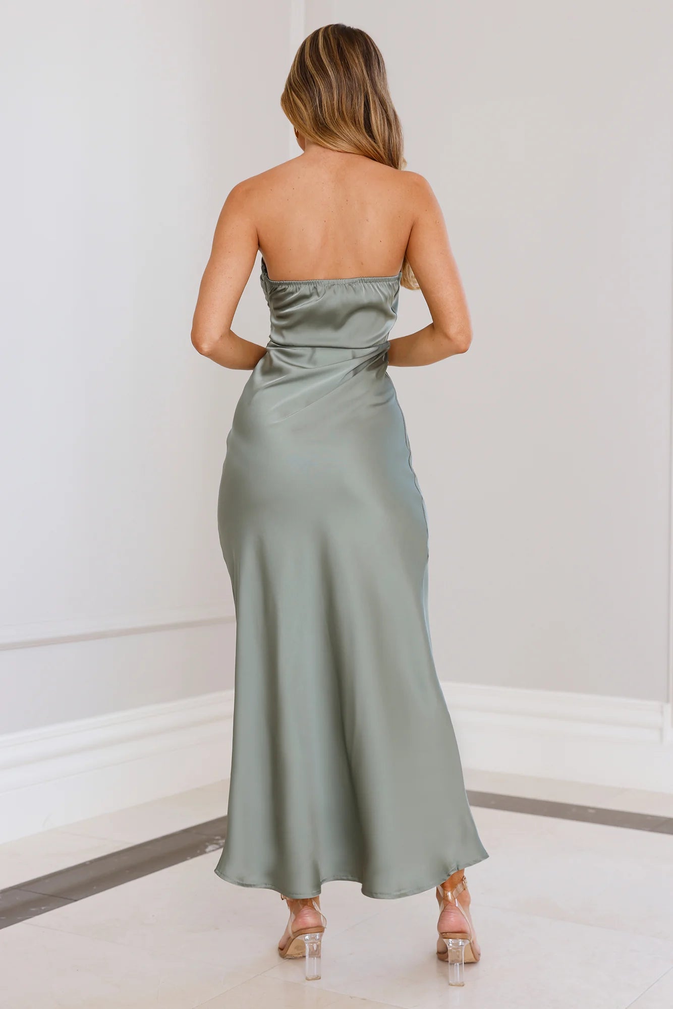 Moonlit Whimsy Satin Strapless Maxi Dress Sage