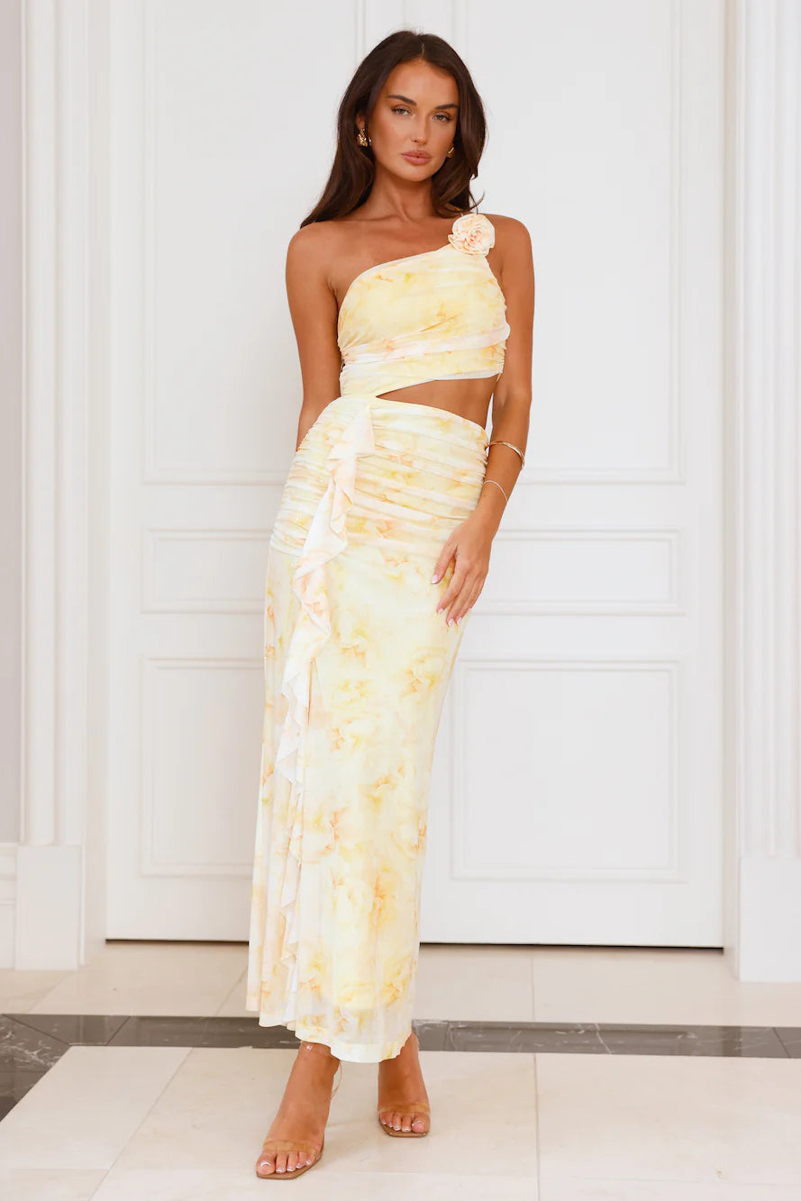 It's Real Love One Shoulder Mesh Maxi Dress Yellow