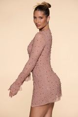 Embellished Wrap Over A-Line Mini Dress in Beige