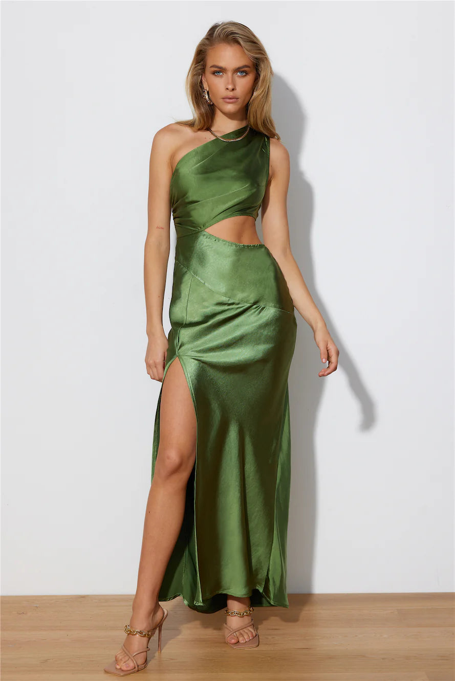 Poker Faced Satin Maxi Dress Green