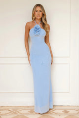 Hibiscus Allure Halter Mesh Maxi Dress Blue