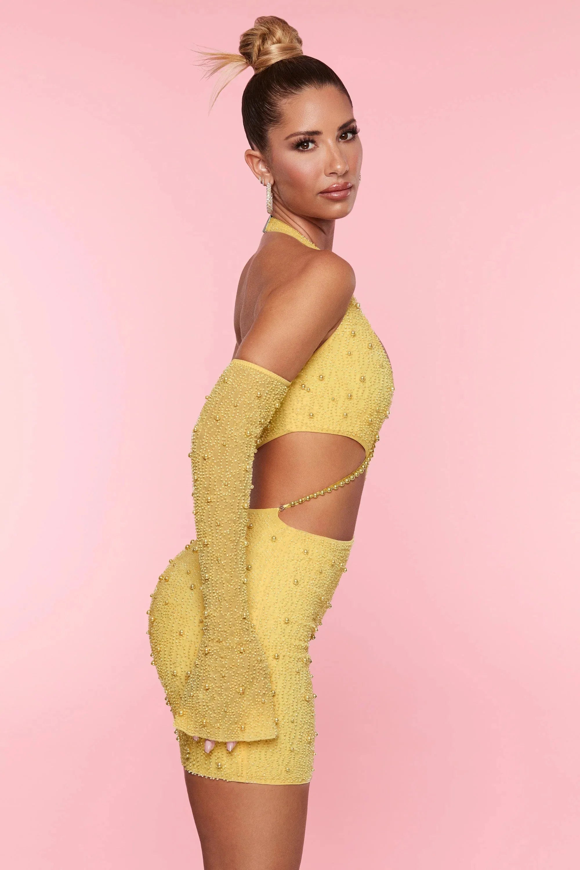 Embellished Cold Shoulder Cut Out Mini Dress in Yellow