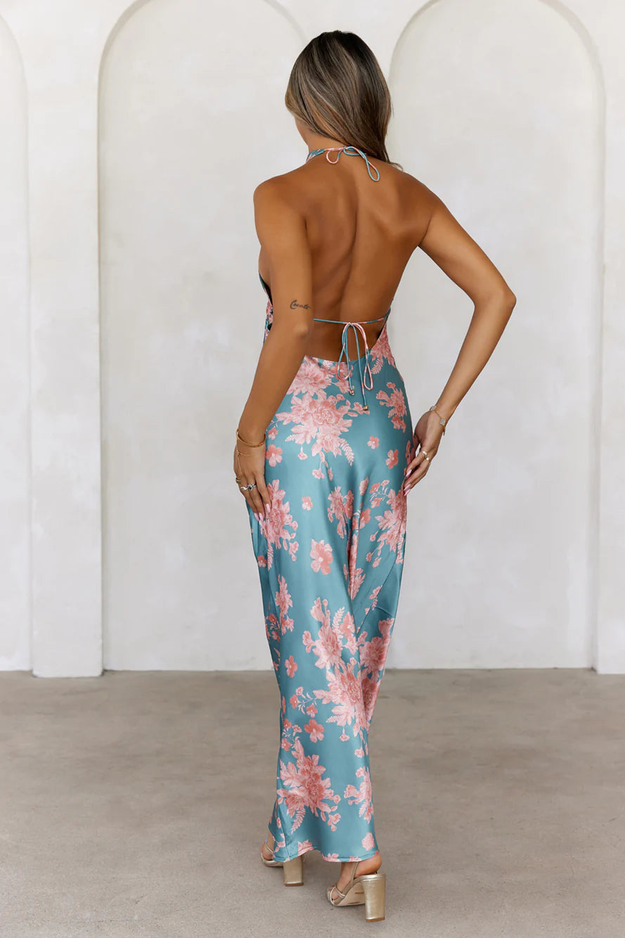 Love Signs Halter Satin Maxi Dress Sage