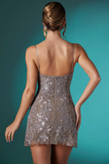 Embellished Lace Mini Dress in Taupe