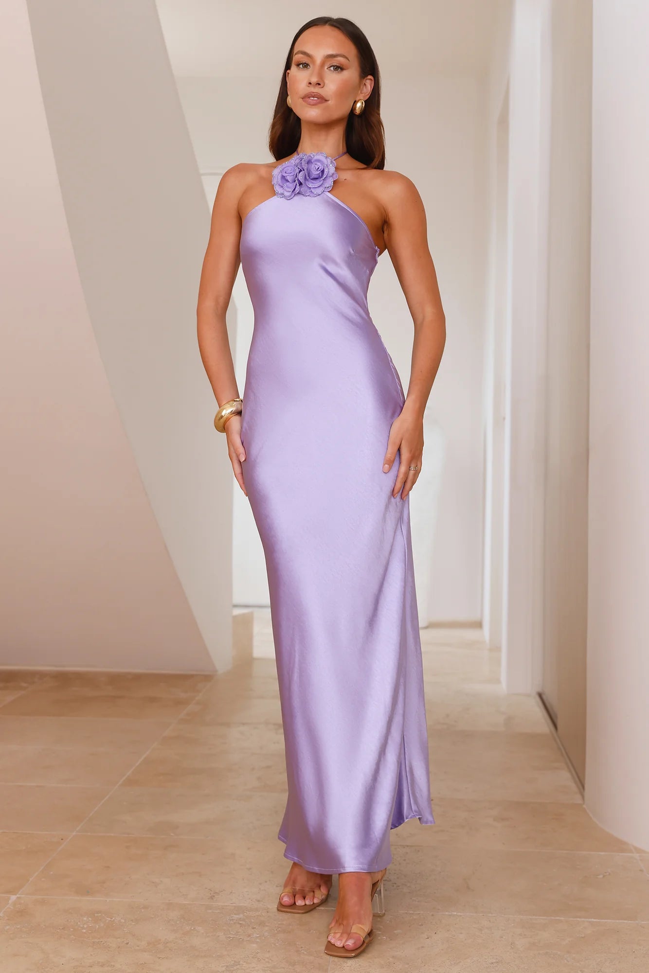 Admired By All Satin Halter Maxi Dress Lilac