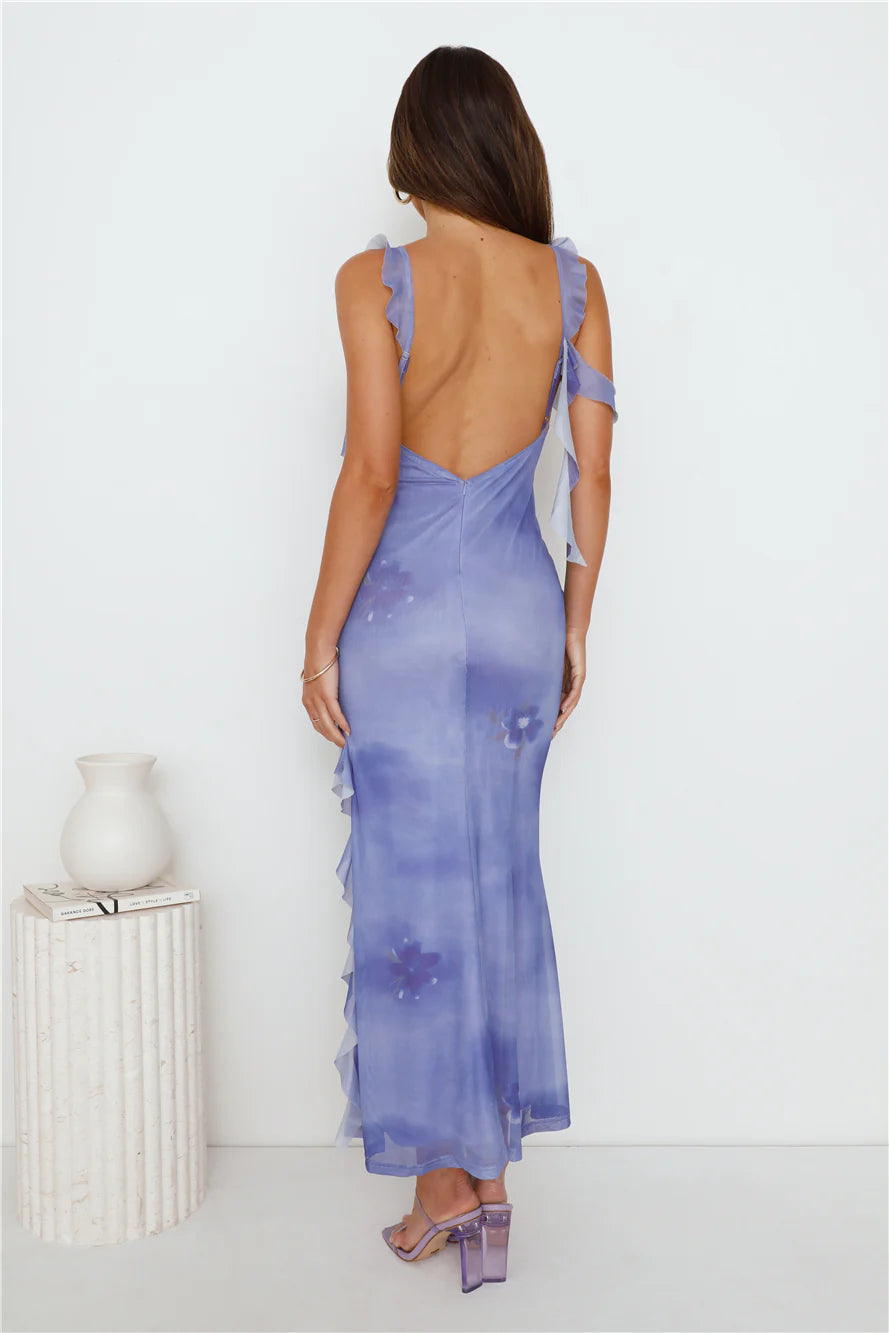 Exquisite Details Mesh Frill Maxi Dress Lilac