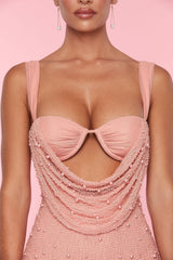 Low Cowl Neck Embellished Mini Dress in Rose