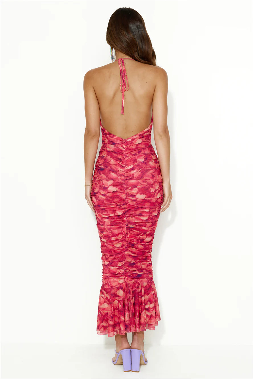 Exotic Feel Halter Mesh Midi Dress Red