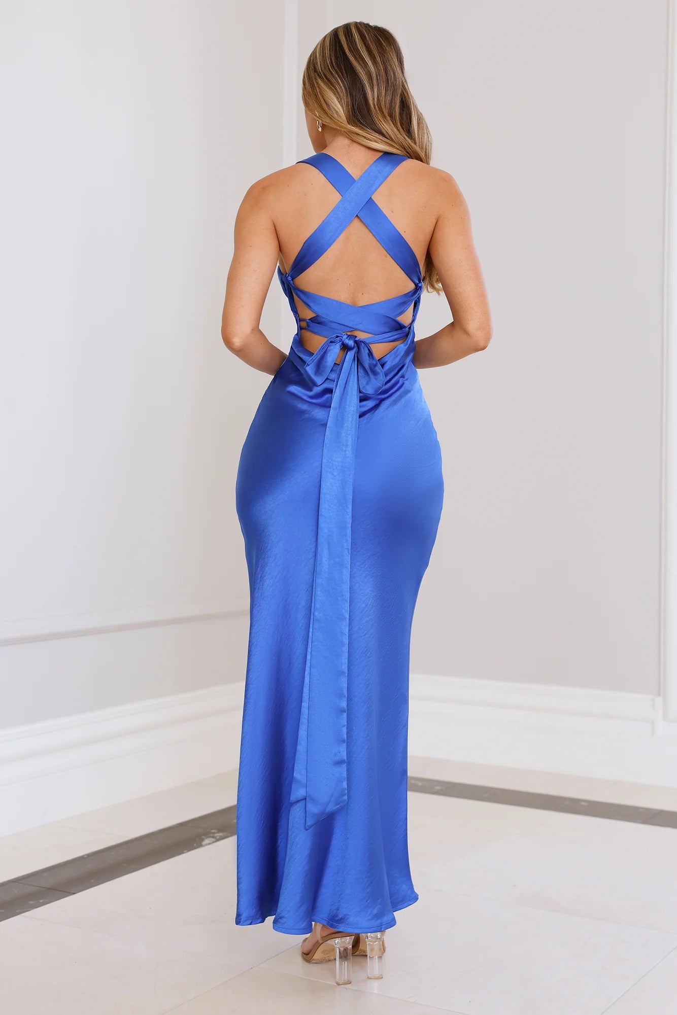 Prestigious Affair Satin Maxi Dress Cobalt
