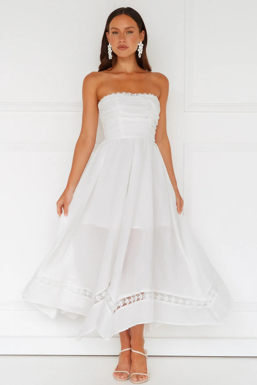 Goddess Of The Moon Strapless Midi Dress White