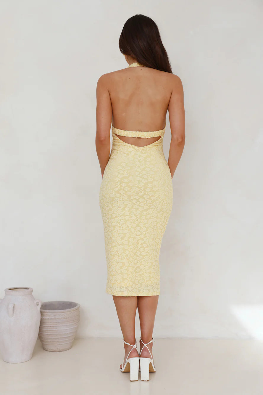 Sassy Socialite Halter Midi Dress Yellow