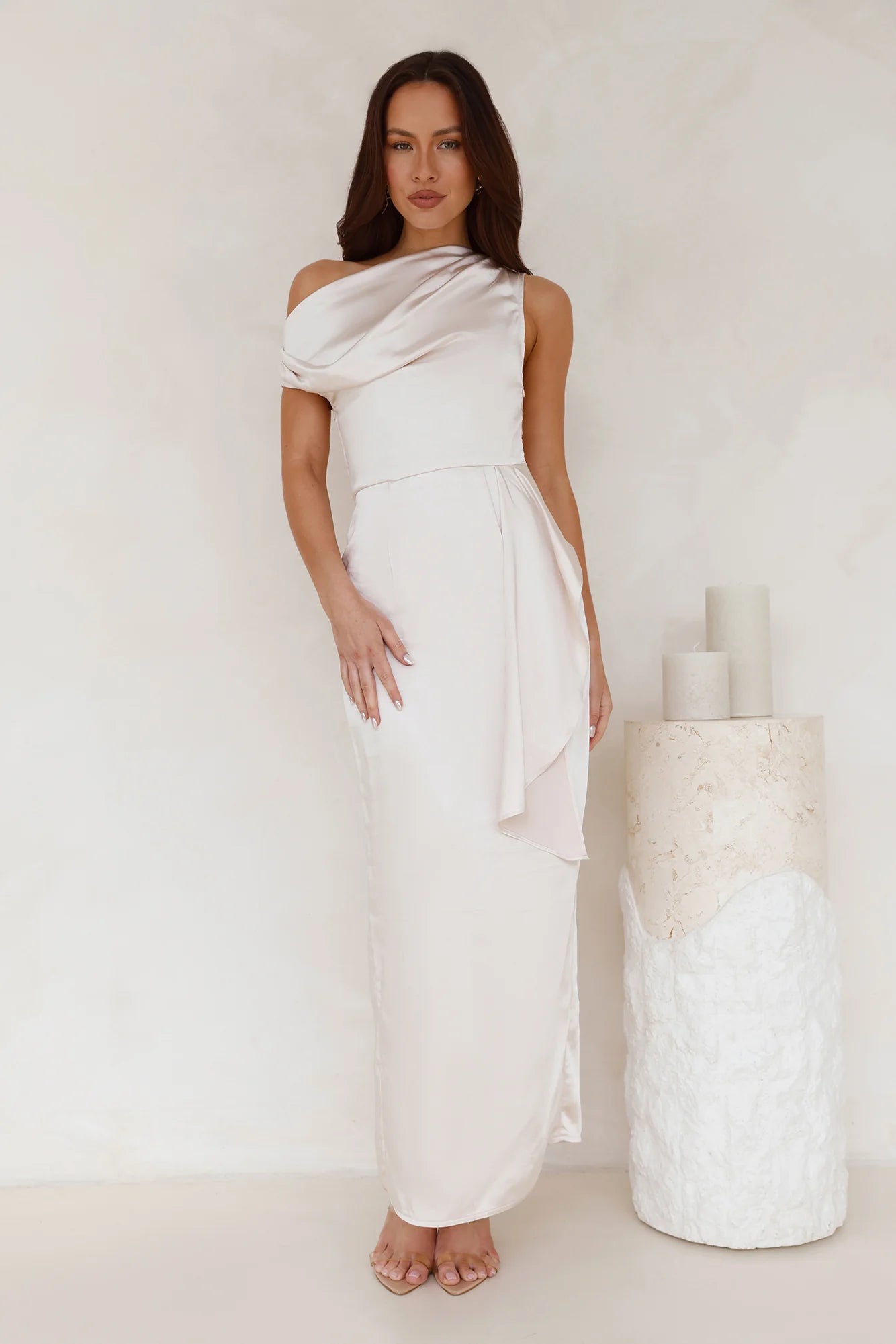 Satin Whisper Off Shoulder Maxi Dress Champagne