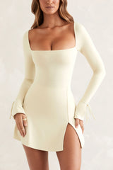 Square Neck Long Sleeve Mini Dress in Ivory