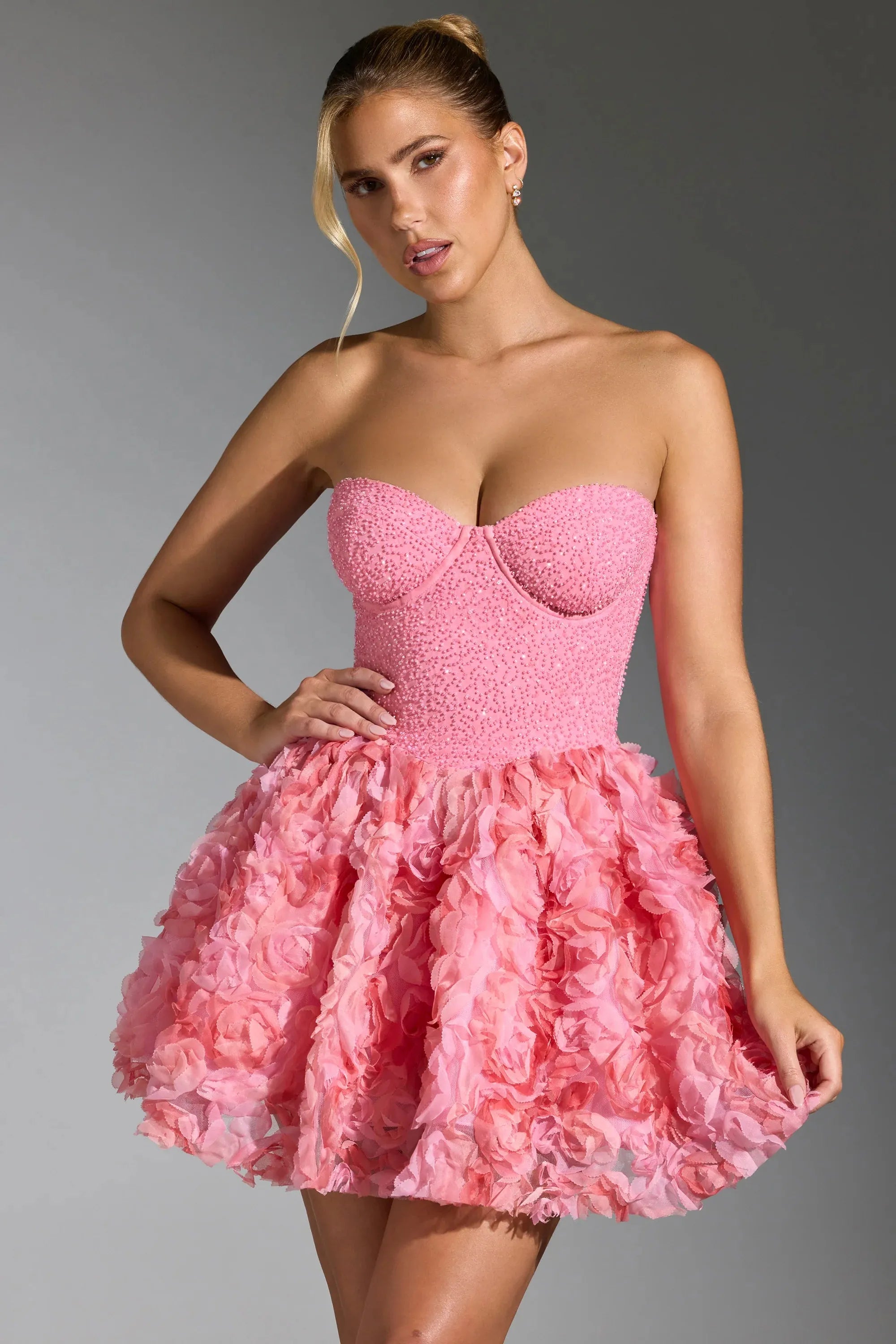 Embellished Floral-Appliqu¨ Lace-Up Mini Dress in Pink
