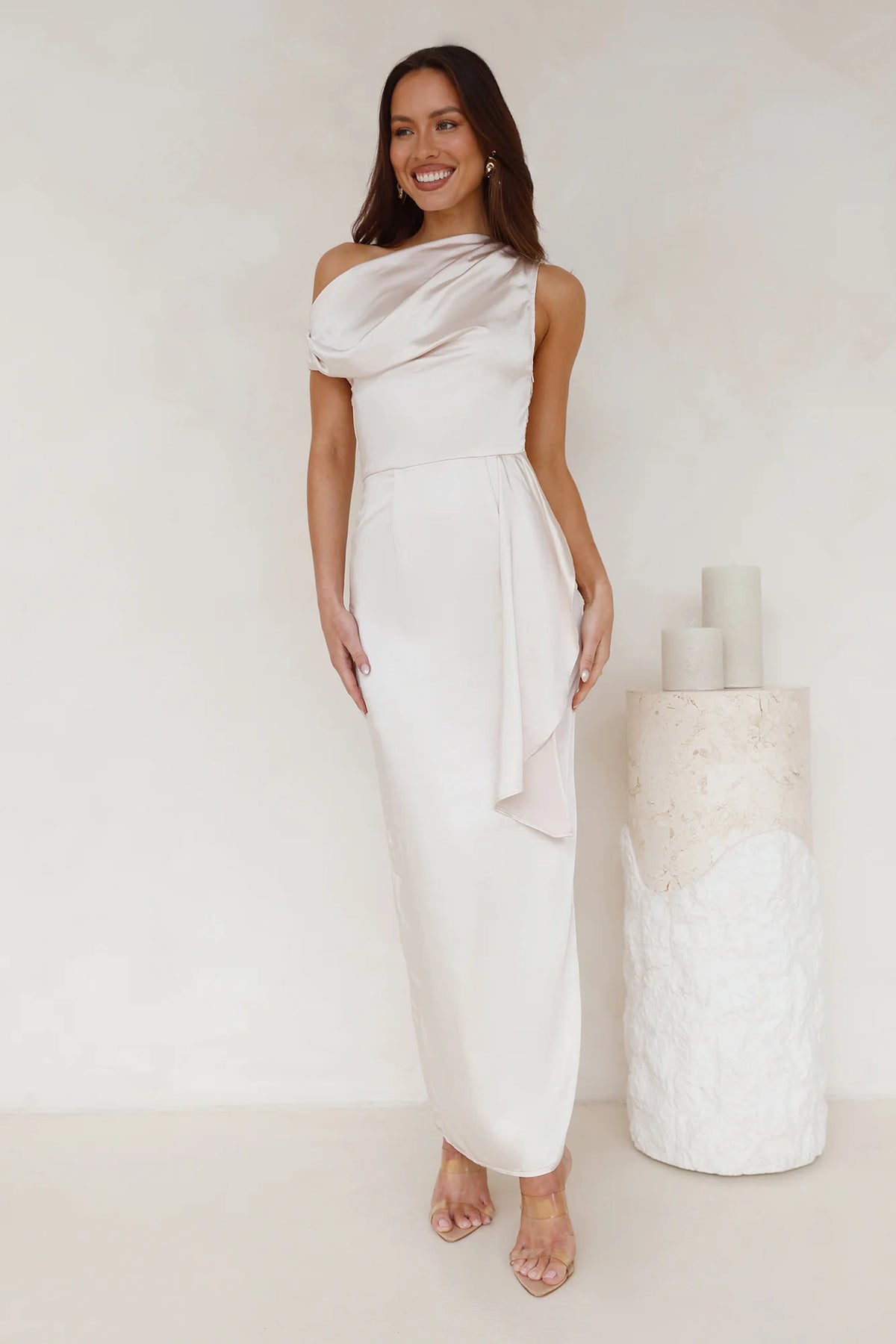 Satin Whisper Off Shoulder Maxi Dress Champagne