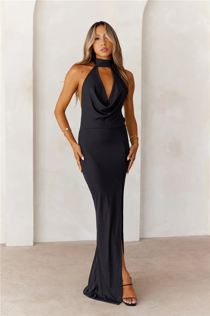 Refined Luxury Halter Maxi Dress Black